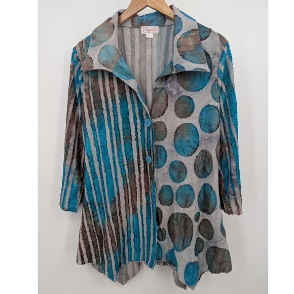 Kamana Blue Brown Textured Stripe Dot Button Front Jacket Medium Artsy Tunic - Picture 2 of 6